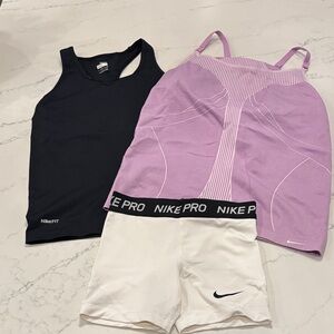 Nike Black Tank, Purple Top, and White Shorts Set